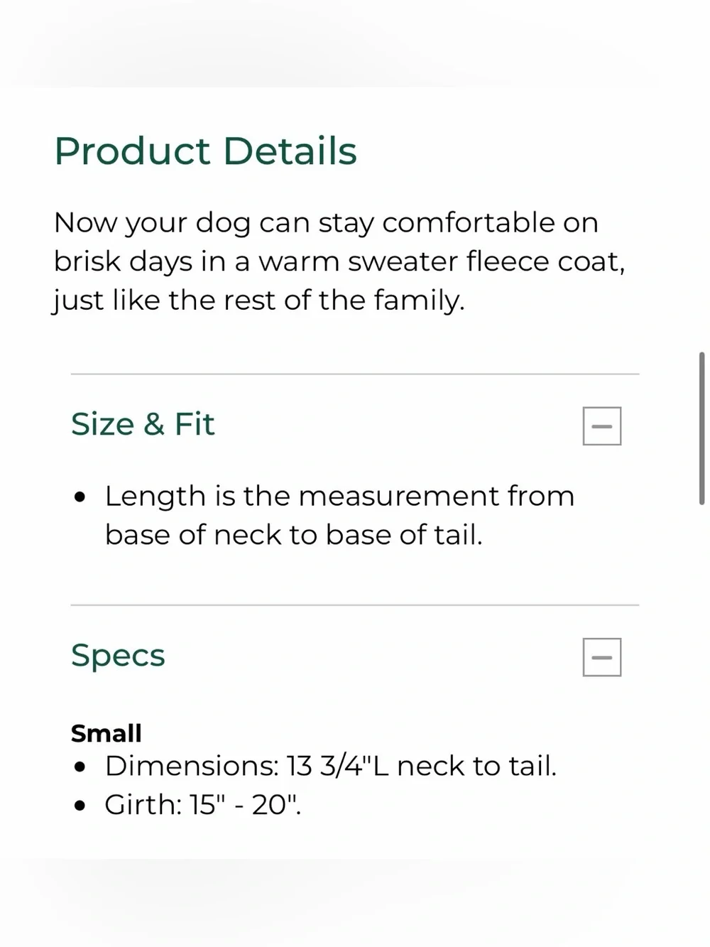 LL Bean Sweater Fleece Jacket for Dogs Small